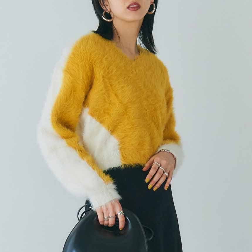 yellow × white shaggy knit